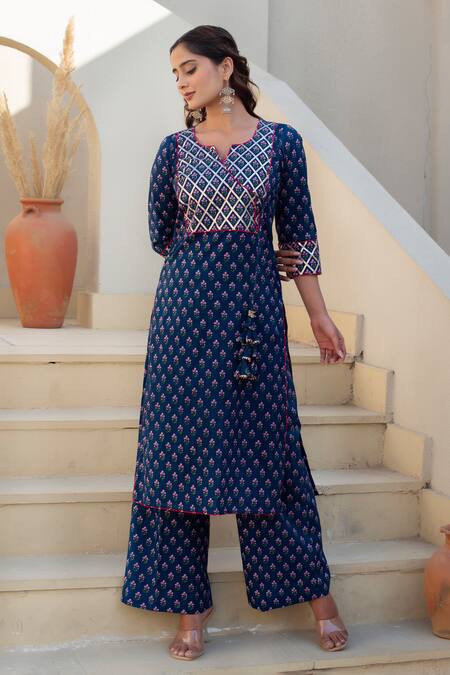 Shop Pomcha Jaipur Blue Cotton Embroidery Open Neck Printed Kurta Set Online at Aza Fashions Shop_Pomcha Jaipur_Blue Cotton Embroidery Open Neck Printed Kurta Set _Online_at_Aza_Fashions
