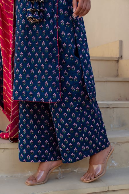 Buy Pomcha Jaipur Blue Cotton Embroidery Open Neck Printed Kurta Set Buy_Pomcha Jaipur_Blue Cotton Embroidery Open Neck Printed Kurta Set