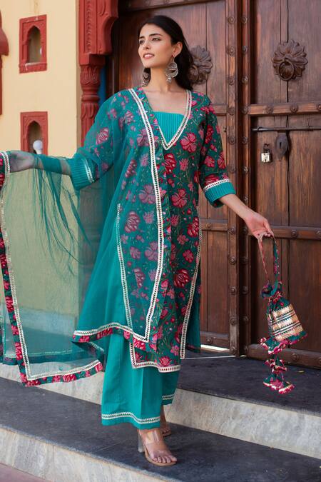 Shop_Pomcha Jaipur_Teal Cotton, Net Embroidery V-neck Blue Floral Printed Kurta Set 