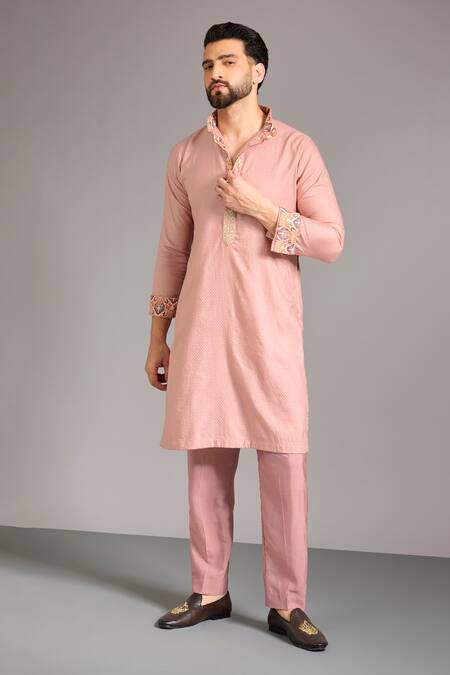 Rabani & Rakha_Pink Silk, Cotton Embroidery, Sequins Thread Bundi Kurta Set _Online_at_Aza_Fashions