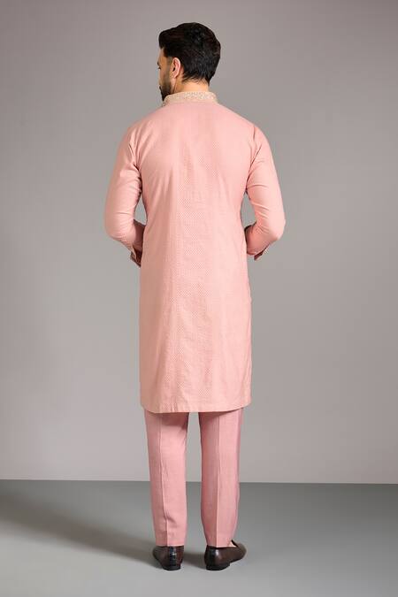 Buy_Rabani & Rakha_Pink Silk, Cotton Embroidery, Sequins Thread Bundi Kurta Set _Online_at_Aza_Fashions