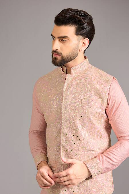 Rabani & Rakha_Pink Silk, Cotton Embroidery, Sequins Thread Bundi Kurta Set _at_Aza_Fashions