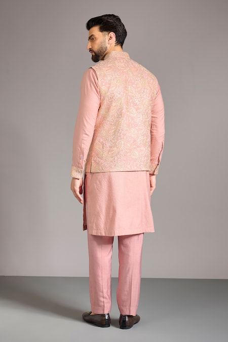 Shop_Rabani & Rakha_Pink Silk, Cotton Embroidery, Sequins Thread Bundi Kurta Set _at_Aza_Fashions