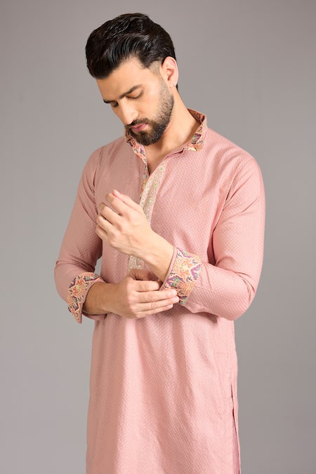 Buy_Rabani & Rakha_Pink Silk, Cotton Embroidery, Sequins Thread Bundi Kurta Set 