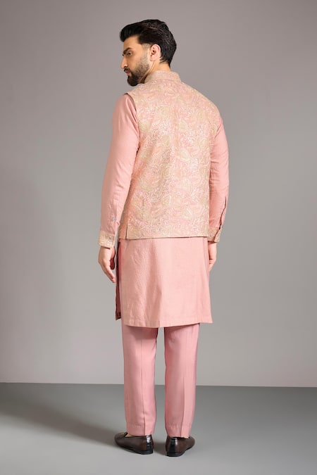 Shop_Rabani & Rakha_Pink Silk Embroidery, Sequins Designer Thread Nehru Jacket _at_Aza_Fashions