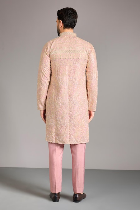 Shop_Rabani & Rakha_Pink Silk, Cotton Sequins Embroidered Kurta And Pant Set _at_Aza_Fashions