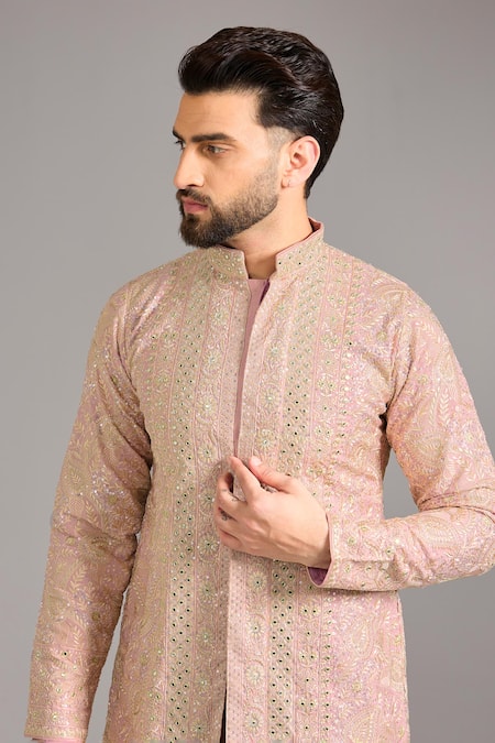 Buy_Rabani & Rakha_Pink Silk, Cotton Sequins Embroidered Kurta And Pant Set _Online_at_Aza_Fashions