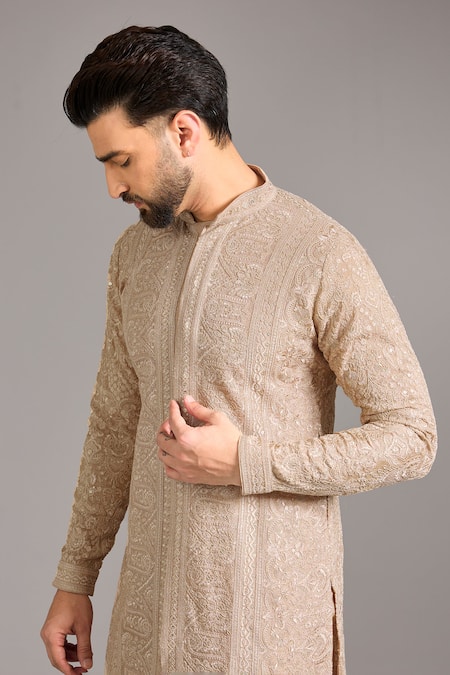Buy_Rabani & Rakha_Beige Silk, Cotton Embroidery, Sequins Kurta Set _Online_at_Aza_Fashions