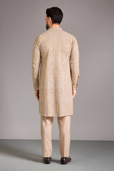 Shop_Rabani & Rakha_Beige Silk, Cotton Embroidery, Sequins Kurta Set _at_Aza_Fashions