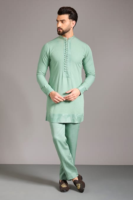 Buy_Rabani & Rakha_Sapphire Silk, Cotton Embroidery, Zari Sage Green Dola Indo Jacket Set _Online_at_Aza_Fashions