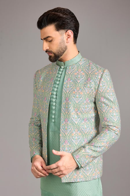 Shop_Rabani & Rakha_Sapphire Silk, Cotton Embroidery, Zari Sage Green Dola Indo Jacket Set _Online_at_Aza_Fashions