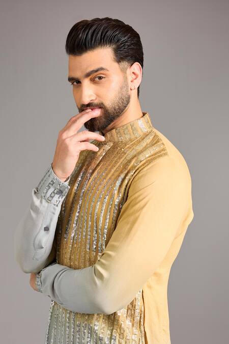 Buy_Rabani & Rakha_Multi Color Gingham, Cotton, Silk Sequins, Embroidery Kurta Set _Online_at_Aza_Fashions
