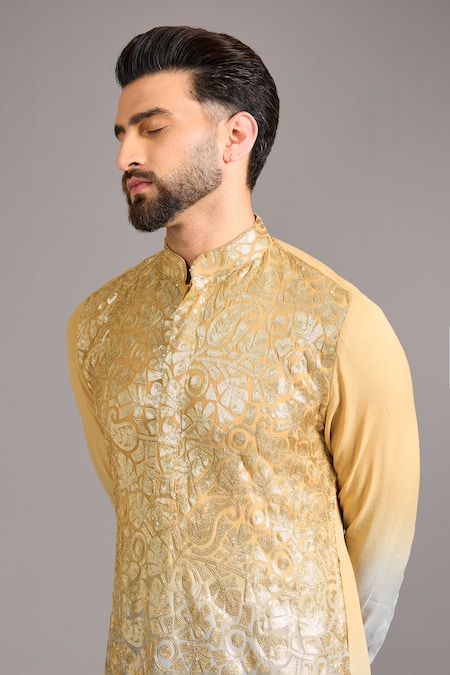 Buy_Rabani & Rakha_Gold Cotton, Silk Embroidery, Sequins Kurta Set _Online_at_Aza_Fashions