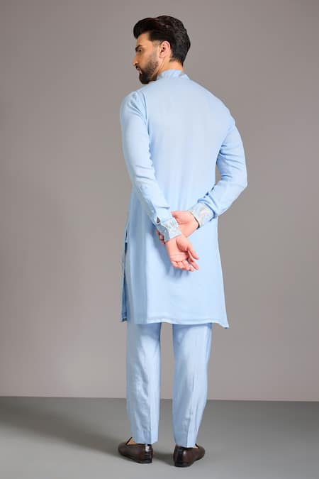 Shop_Rabani & Rakha_Blue Gingham, Cotton, Silk Embroidery Kurta Set _at_Aza_Fashions
