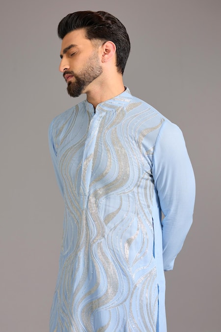 Buy_Rabani & Rakha_Blue Gingham, Cotton, Silk Embroidery Kurta Set _Online_at_Aza_Fashions