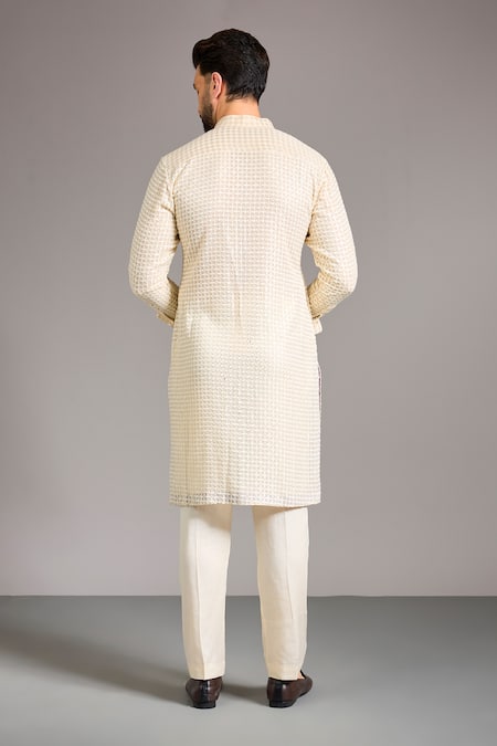 Shop_Rabani & Rakha_Ivory Gingham, Cotton, Silk Sequins Thread And Embroidered Kurta Set _at_Aza_Fashions