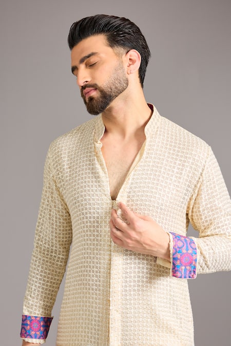 Buy_Rabani & Rakha_Ivory Gingham, Cotton, Silk Sequins Thread And Embroidered Kurta Set _Online_at_Aza_Fashions