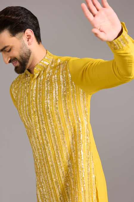 Buy_Rabani & Rakha_Yellow Cotton Sequins Embroidered Kurta Set _Online_at_Aza_Fashions