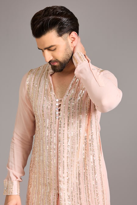 Buy_Rabani & Rakha_Peach Cotton, Silk Sequins Embroidered Kurta Set _Online_at_Aza_Fashions