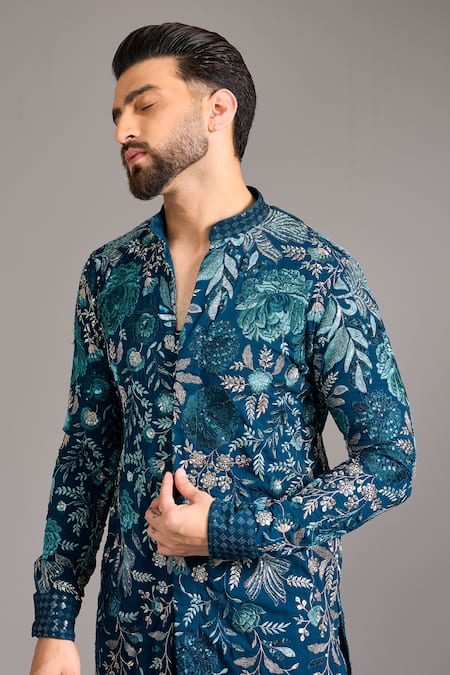 Buy_Rabani & Rakha_Blue Cotton, Silk Sequins, Embroidery Peacock Kurta Set _Online_at_Aza_Fashions