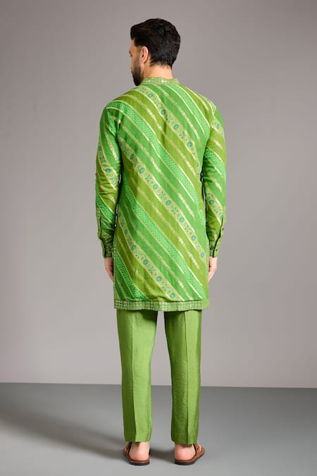 Shop Rabani & Rakha Green Gingham, Cotton, Silk Zari, Sequins Lime Leheriya Bandhini Kurta Set at Aza Fashions Shop_Rabani & Rakha_Green Gingham, Cotton, Silk Zari, Sequins Lime Leheriya Bandhini Kurta Set _at_Aza_Fashions