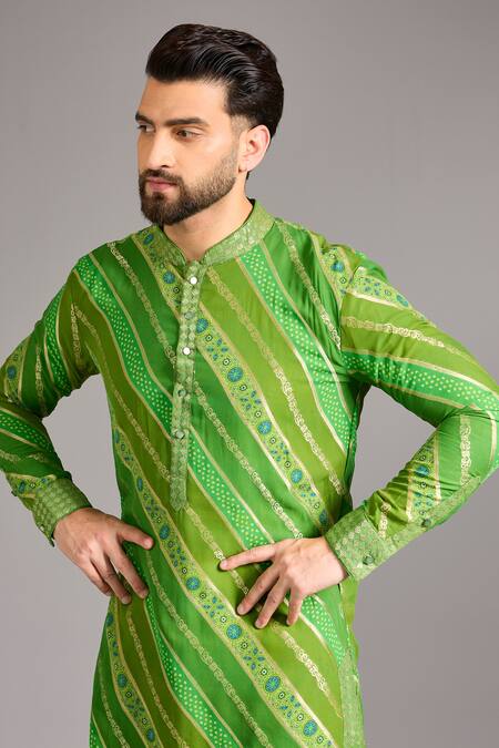 Buy Rabani & Rakha Green Gingham, Cotton, Silk Zari, Sequins Lime Leheriya Bandhini Kurta Set Online at Aza Fashions Buy_Rabani & Rakha_Green Gingham, Cotton, Silk Zari, Sequins Lime Leheriya Bandhini Kurta Set _Online_at_Aza_Fashions