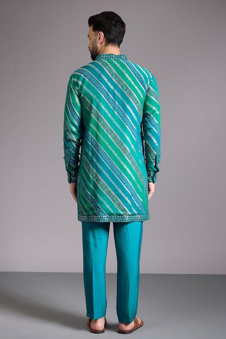 Shop_Rabani & Rakha_Aqua Gingham, Cotton Sequins, Zari Leheriya Bandhani Kurta Set _at_Aza_Fashions