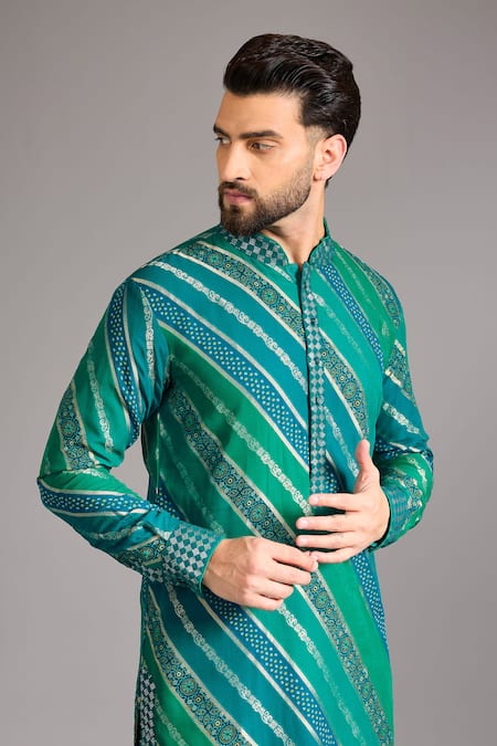 Buy_Rabani & Rakha_Aqua Gingham, Cotton Sequins, Zari Leheriya Bandhani Kurta Set _Online_at_Aza_Fashions