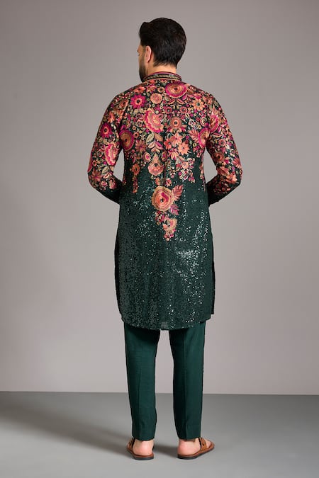 Shop_Rabani & Rakha_Green Cotton, Silk Embroidery, Sequins Kurta Set _at_Aza_Fashions