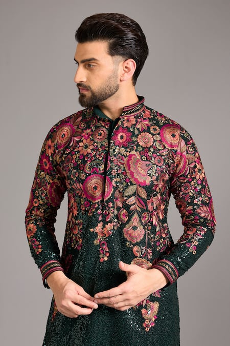 Buy_Rabani & Rakha_Green Cotton, Silk Embroidery, Sequins Kurta Set _Online_at_Aza_Fashions