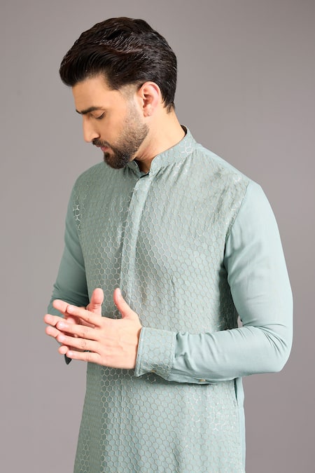 Buy_Rabani & Rakha_Green Cotton, Silk Sequins Embroidered Kurta Set _Online_at_Aza_Fashions