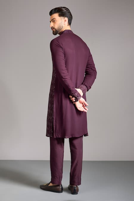 Shop_Rabani & Rakha_Wine Gingham, Cotton, Silk Sequins, Embroidery Gorgette Kurta Set _at_Aza_Fashions