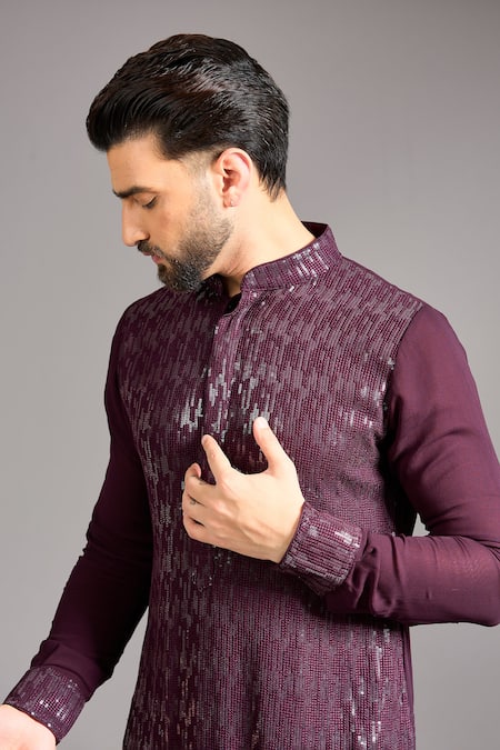 Buy_Rabani & Rakha_Wine Gingham, Cotton, Silk Sequins, Embroidery Gorgette Kurta Set _Online_at_Aza_Fashions