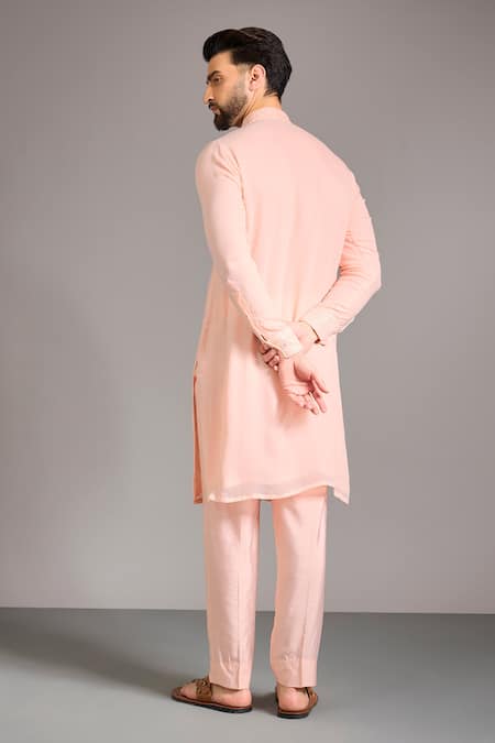 Shop_Rabani & Rakha_Peach Cotton, Silk Embroidery, Sequins Gorgette Thread Kurta Set _at_Aza_Fashions
