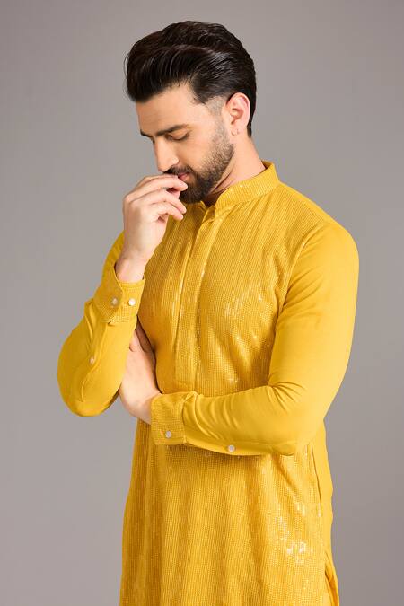 Buy_Rabani & Rakha_Yellow Georgette, Cotton, Silk Sequins, Embroidery Kurta Set _Online_at_Aza_Fashions