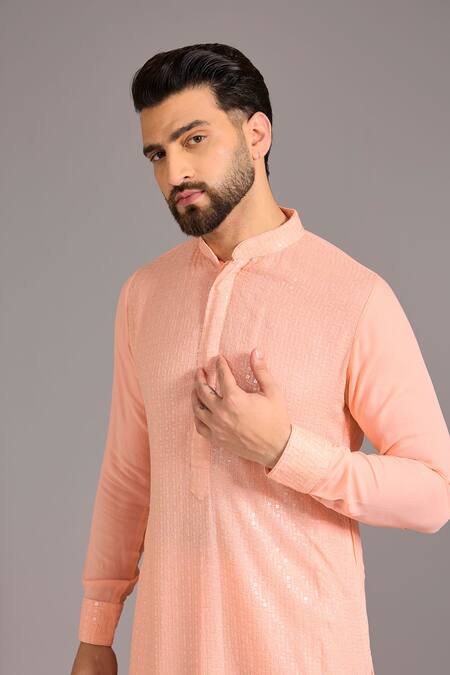 Buy Rabani & Rakha Peach Cotton, Silk Sequins, Zari Embroidered Kurta Pant Set Online at Aza Fashions Buy_Rabani & Rakha_Peach Cotton, Silk Sequins, Zari Embroidered Kurta Pant Set _Online_at_Aza_Fashions
