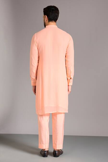 Shop Rabani & Rakha Peach Cotton, Silk Sequins, Zari Embroidered Kurta Pant Set at Aza Fashions Shop_Rabani & Rakha_Peach Cotton, Silk Sequins, Zari Embroidered Kurta Pant Set _at_Aza_Fashions