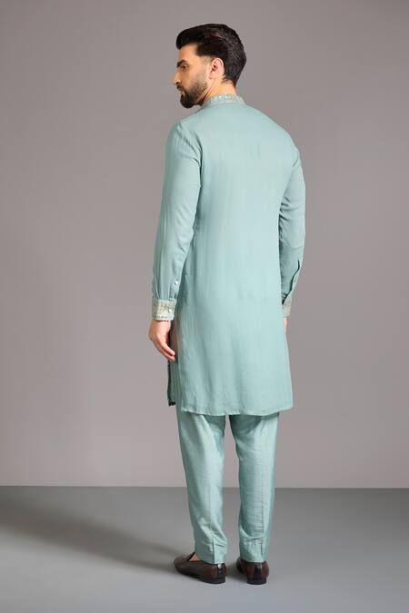 Shop Rabani & Rakha Aqua Cotton Sequins Embroidered Kurta Set at Aza Fashions Shop_Rabani & Rakha_Aqua Cotton Sequins Embroidered Kurta Set _at_Aza_Fashions