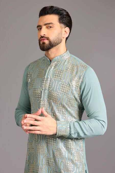 Buy Rabani & Rakha Aqua Cotton Sequins Embroidered Kurta Set Online at Aza Fashions Buy_Rabani & Rakha_Aqua Cotton Sequins Embroidered Kurta Set _Online_at_Aza_Fashions