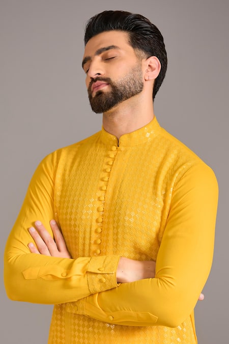 Buy_Rabani & Rakha_Yellow Cotton Sequins Grid Kurta Set _Online_at_Aza_Fashions