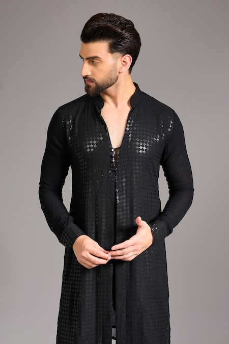 Rabani & Rakha_Black Cotton, Silk Sequins Embroidered Kurta Set _Online_at_Aza_Fashions