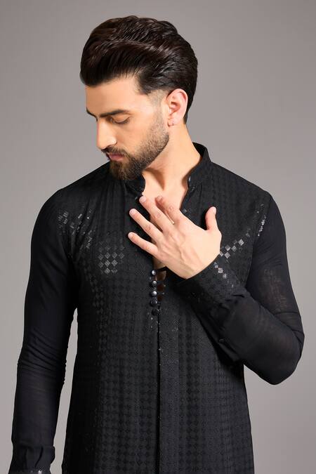 Buy_Rabani & Rakha_Black Cotton, Silk Sequins Embroidered Kurta Set _Online_at_Aza_Fashions