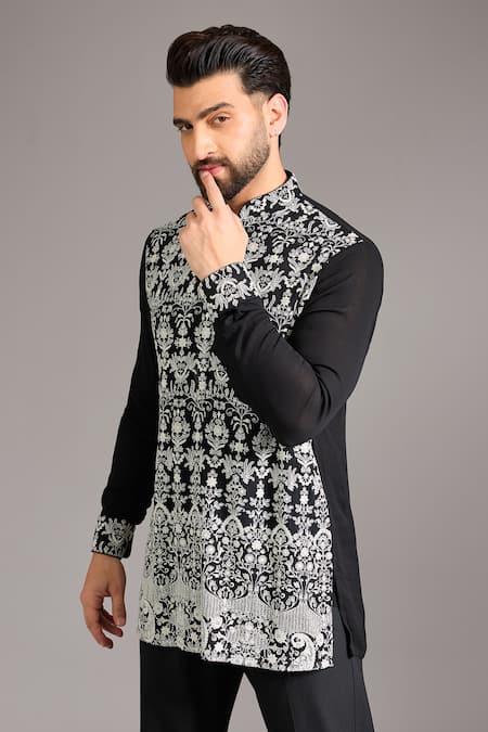 Rabani & Rakha_Black Gingham Embroidery Kurta Set _Online_at_Aza_Fashions