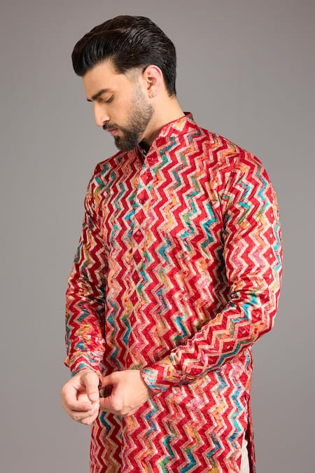 Rabani & Rakha_Red Silk, Cotton Zari Zig Zag Lined Kurta Set _Online_at_Aza_Fashions