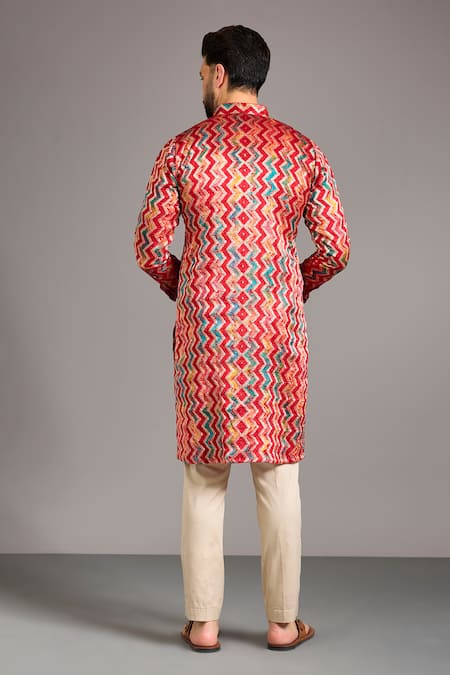 Shop_Rabani & Rakha_Red Silk, Cotton Zari Zig Zag Lined Kurta Set _at_Aza_Fashions