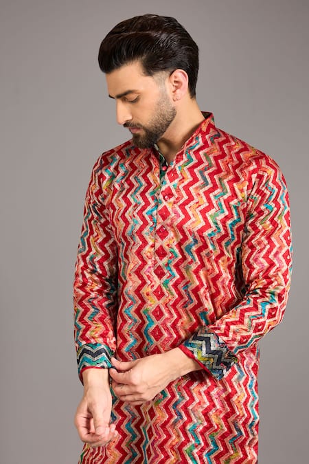 Buy_Rabani & Rakha_Red Silk, Cotton Zari Zig Zag Lined Kurta Set _Online_at_Aza_Fashions