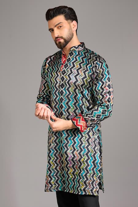 Rabani & Rakha_Black Silk, Cotton Zari Zig Zag Kurta Set _Online_at_Aza_Fashions