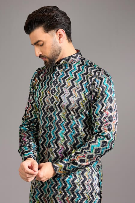 Buy_Rabani & Rakha_Black Silk, Cotton Zari Zig Zag Kurta Set _Online_at_Aza_Fashions