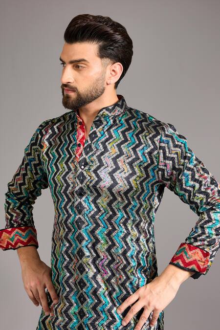 Shop_Rabani & Rakha_Black Silk, Cotton Zari Zig Zag Kurta Set _Online_at_Aza_Fashions