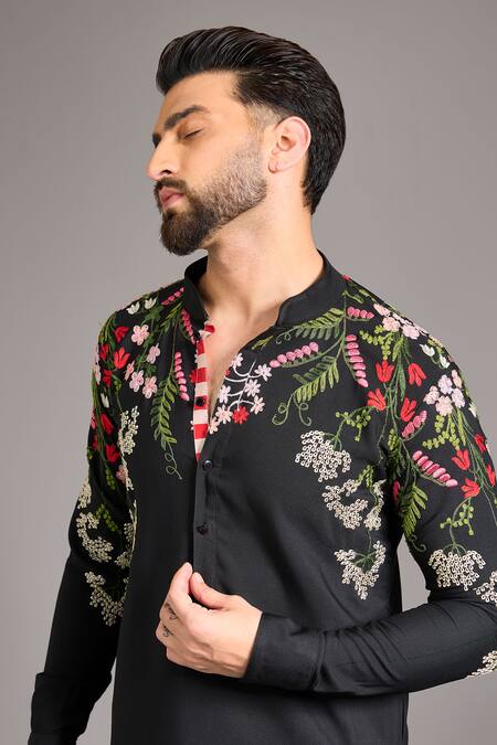 Buy_Rabani & Rakha_Black Gingham, Cotton, Silk Embroidery Gorgette Kurta And Pant Set _Online_at_Aza_Fashions